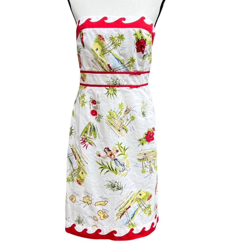 White Tropical Print Midi Dress with Red Trim